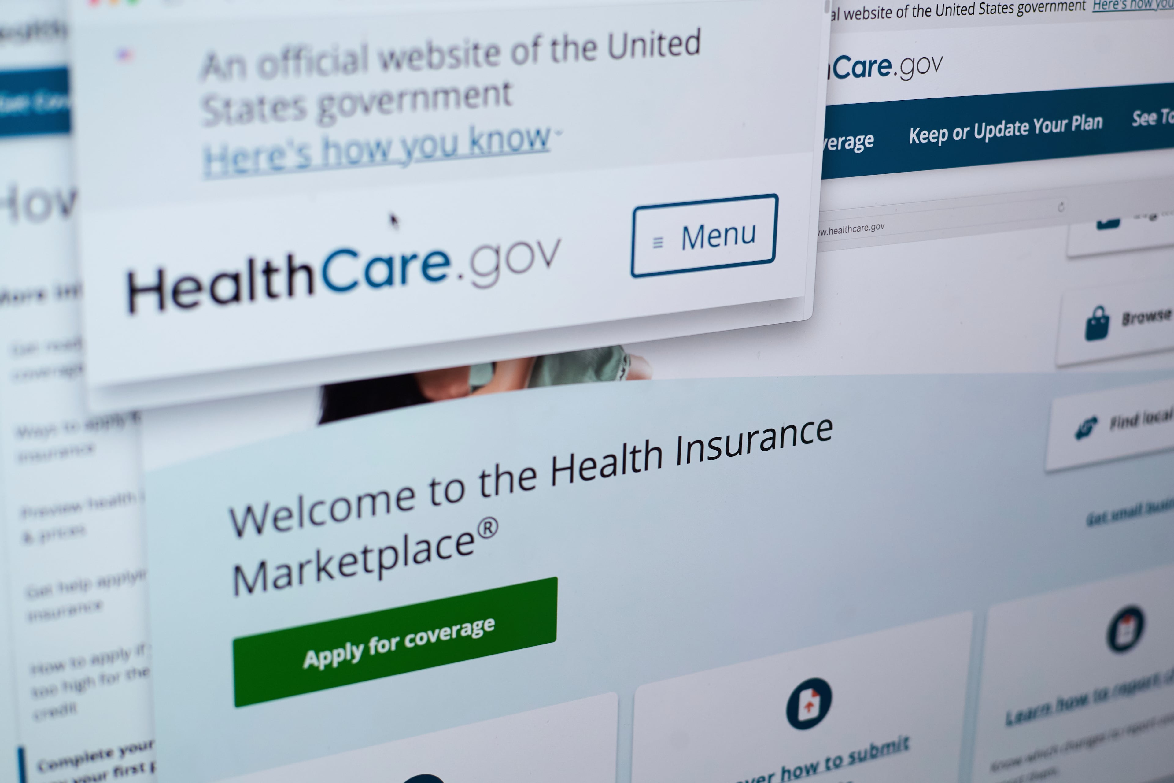 Pages from the U.S. Affordable Care Act health insurance website healthcare.gov.