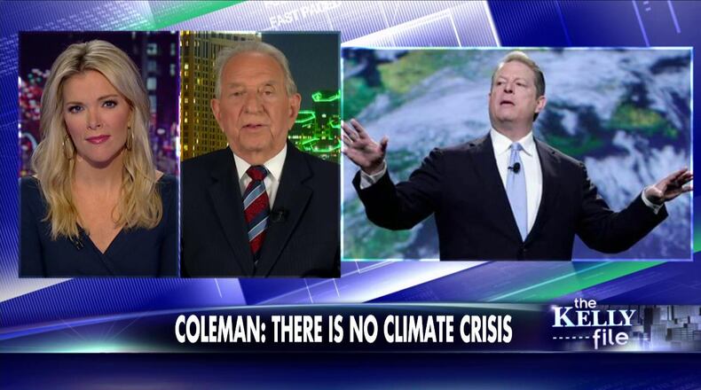 John Coleman on Fox News earlier this week saying there is no climate crisis. CREDIT: Fox News