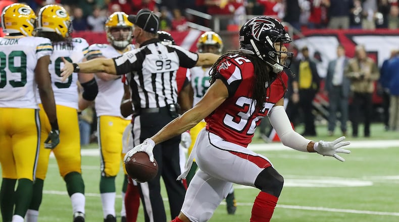 Falcons cornerback Jalen Collins reacts to recovering a fumble by Packers fullback Aaron Rodger during the second quarter in the NFC Championship game last Jan. 22 in the Georgia Dome. (Curtis Compton/ccompton@ajc.com)