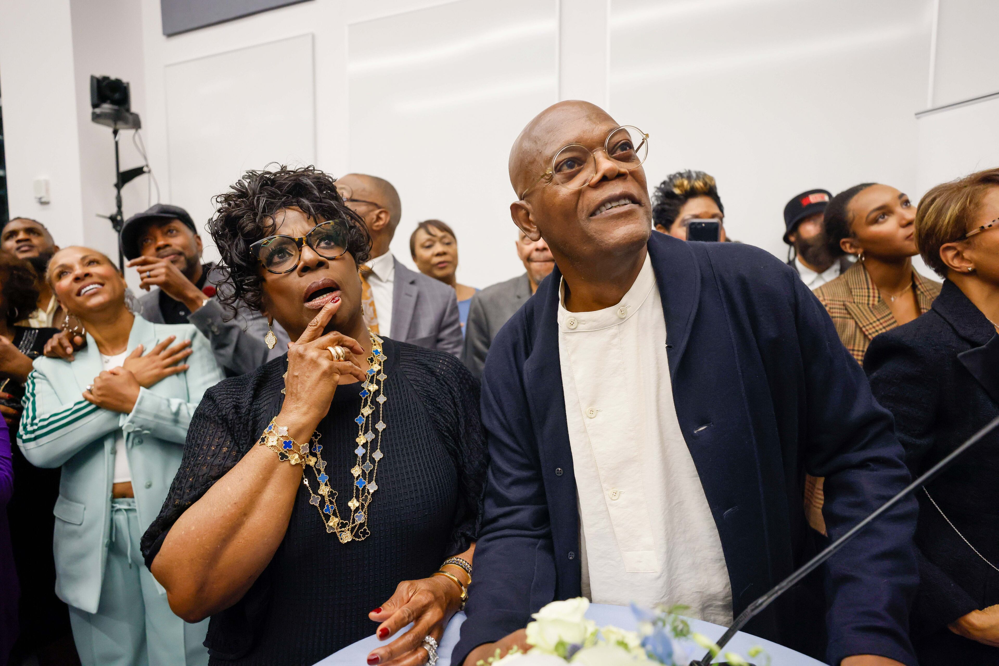 American actor and Morehouse College alumnus Samuel L. Jackson, alongside his wife, Spelman College alumna LaTanya Richardson Jackson, react as they see for the first time a mural made by artist Quintin Jackson in their honor at the Performing Arts Center at Spelman College Oct. 24, 2024.
(Miguel Martinez/AJC)