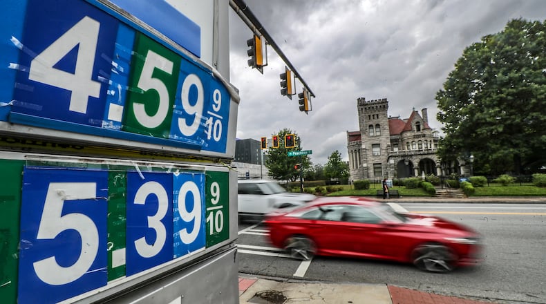Gas prices have been unusually high, thanks to a mix of factors: The Russian attack on Ukraine, the shortage of U.S. refinery capacity and the sluggishness of oil companies to expand drilling. The Uptown Station Exxon on Peachtree Street and Peachtree Circle in Midtown Atlanta had regular for $4.59 a gallon and diesel for $5.39 on Thursday, May 26, 2022. (John Spink / John.Spink@ajc.com)