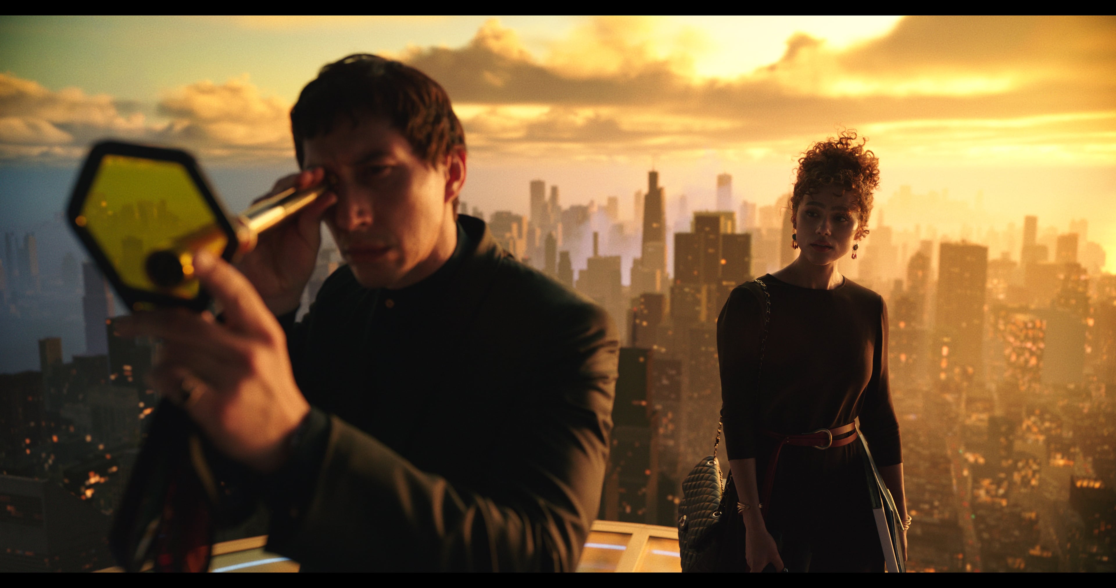 Adam Driver, left, and Nathalie Emmanuel in director Francis Ford Coppola’s "Megalopolis." (Courtesy of American Zoetrope/Megalopolis/Mihai Malaimare Jr.)