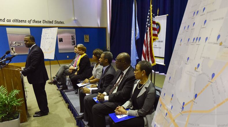 January 24, 2017 Atlanta - Atlanta Mayor Kasim Reed speaks during a news conference to discuss security improvement measures including nearly three dozen video cameras and five license plate readers around the campus at The Atlanta University Center Robert W. Woodruff Library on Tuesday, January 24, 2017. HYOSUB SHIN / HSHIN@AJC.COM
