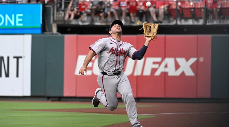 Atlanta Braves right fielder Ramon Laureano catches a foul ball hit by St. Louis Cardinals' Nolan Arenado during the seventh inning in the second game of a baseball doubleheader Wednesday, June 26, 2024, in St. Louis. (AP Photo/Joe Puetz)