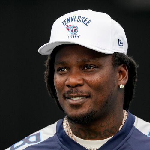 FILE - Former Tennessee Titans running back Chris Johnson visits the field during the second half of an NFL football game against the New York Jets, Sept. 15, 2024, in Nashville, Tenn. (AP Photo/George Walker IV, file)