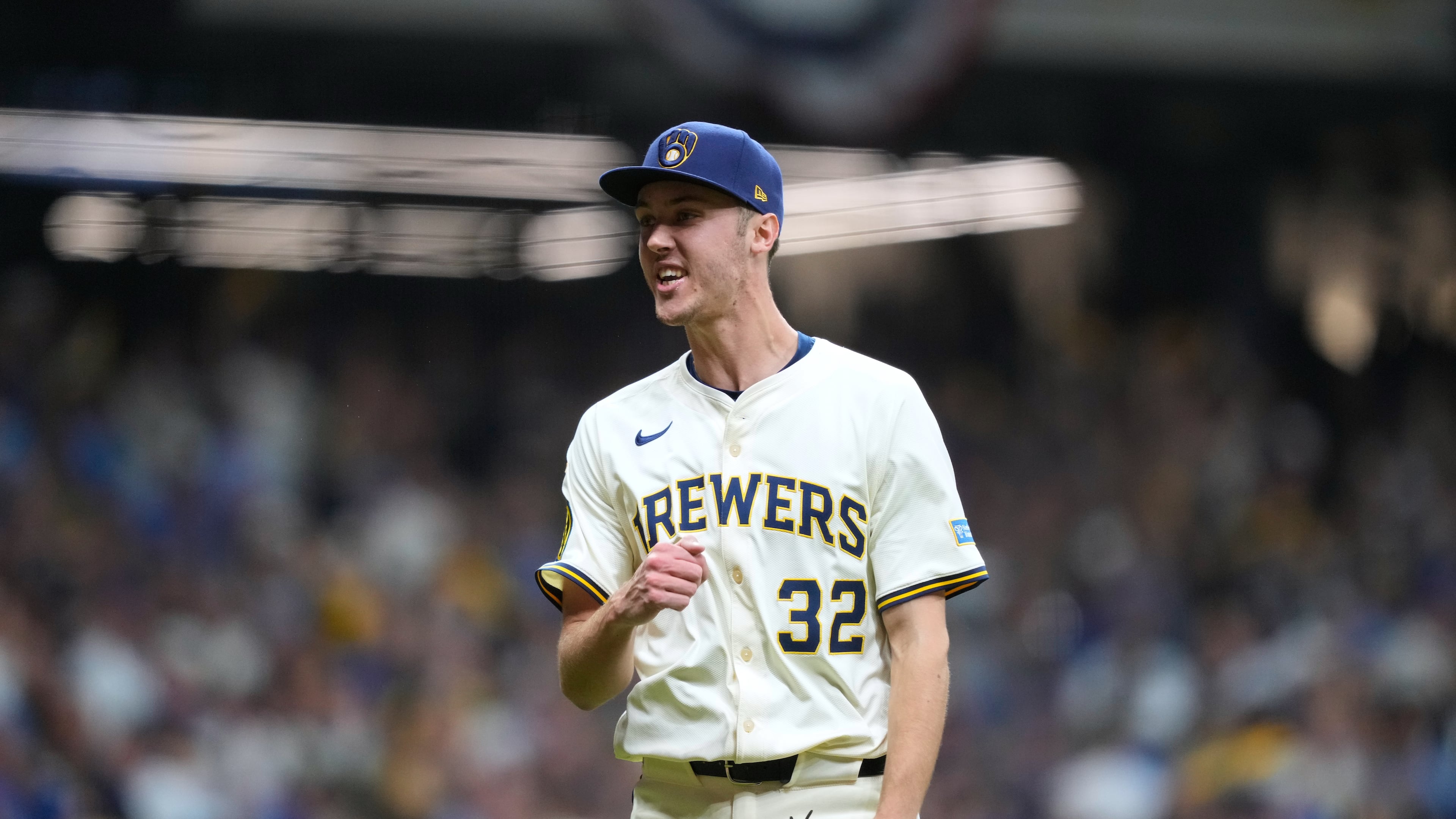 Milwaukee Brewers pitcher Jacob Misiorowski (32) reacts to an out against the Chicago Cubs during the fifth inning of Game 5 of baseball's National League Division Series, Saturday, Oct. 11, 2025, in Milwaukee. (AP Photo/Kayla Wolf)