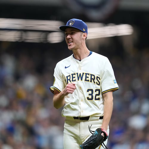 Milwaukee Brewers pitcher Jacob Misiorowski (32) reacts to an out against the Chicago Cubs during the fifth inning of Game 5 of baseball's National League Division Series, Saturday, Oct. 11, 2025, in Milwaukee. (AP Photo/Kayla Wolf)