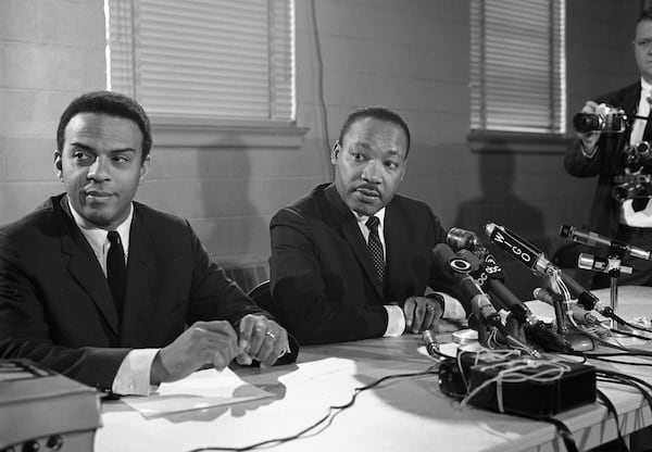 In 1961, Young joined the Atlanta-based Southern Christian Leadership Conference, where he quickly became one of Martin Luther King Jr.'s top lieutenants. Young organized leadership workshops and voter registration drives, becoming the SCLC's executive director in 1964. This photo is from a 1967 press conference. (Bob Dendy / AJC Archive at GSU Library AJCN160-097f)