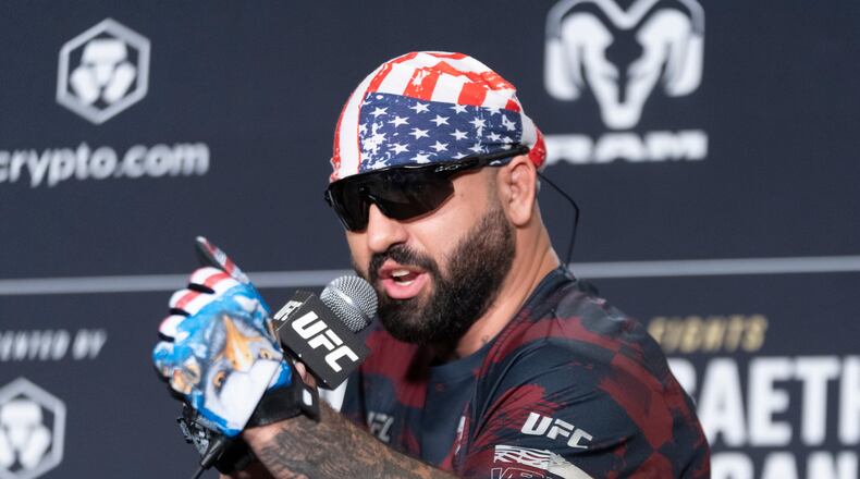 UFC heavyweight fighter Josh Hokit speaks to reporters during the UFC Freedom 250 media day, Wednesday, June 10, 2026, in Washington. (AP Photo/Manuel Balce Ceneta)