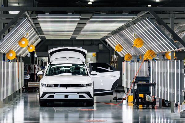 A newly assembled IONIQ 5 electric vehicles is inspected at the Hyundai Metaplant in Bryan County, GA on March 26, 2025.  (Justin Taylor/The Current GA)