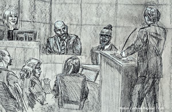 This courtroom sketch provided by Robyn Cochran-Ragland shows Demba Dem, second from left in the top row, testifying during the trial of Michael Correa, in glasses, seated to Dem’s right, in federal court in Denver, Wednesday, April 9, 2025. (Robyn Cochran-Ragland via AP)