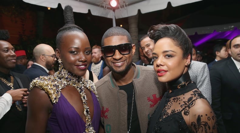 Lupita Nyong'o, Usher and Tessa Thompson at the Hollywood premiere of Marvel's "Black Panther." Photo: Jesse Grant/Getty Images for Disney