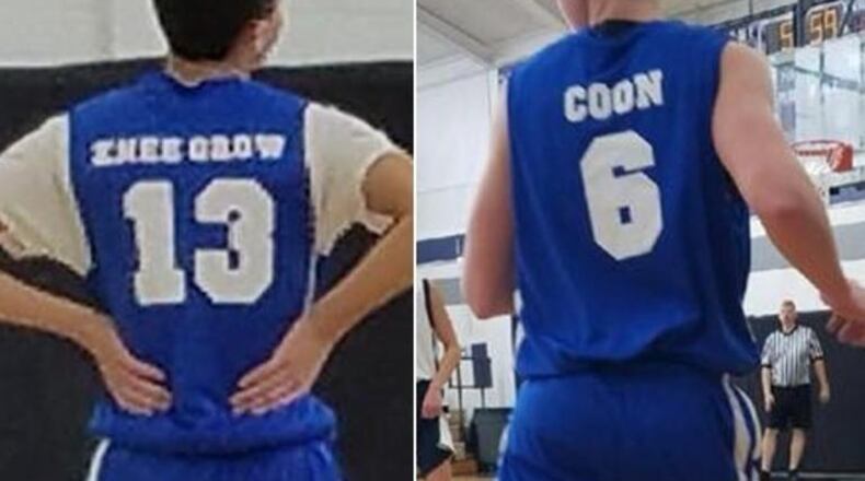 Jerseys worn by Kings schools students playing on a recreational basketball team have drawn national attention for their racist nature. Tony Rue took photos of jerseys at a recreational league basketball game held Sunday at West Clermont Middle School. (Photo courtesy  WCPO-TV)