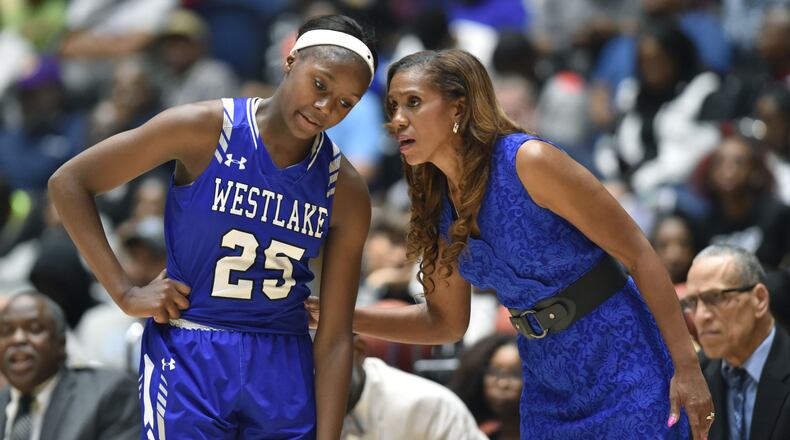 Westlake head coach Hilda Hankerson instructs Westlake Raven Johnson (25) in GHSA State Basketball Championship game at the Macon Centreplex in Macon on Saturday, March 9, 2019. HYOSUB SHIN / HSHIN@AJC.COM