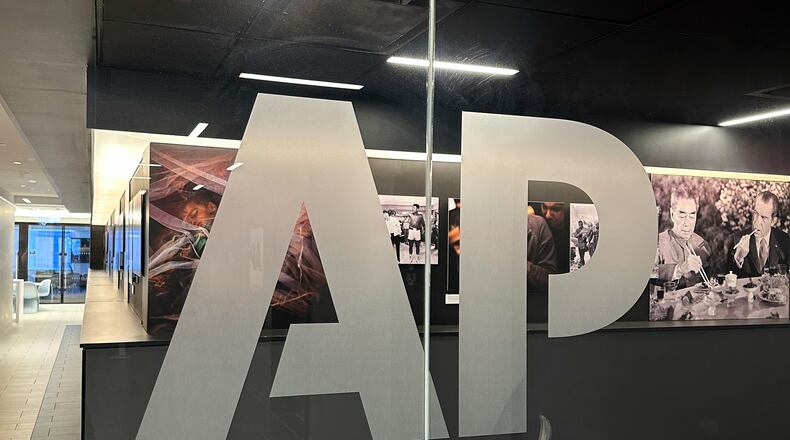 FILE - The Associated Press logo is displayed at the news organization's world headquarters in New York on April 9, 2025. (AP Photo/Aaron Jackson, File)