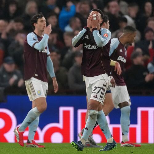 Aston Villa's Morgan Rogers reacts during the English Premier League soccer match between Aston Villa and Everton in Birmingham, Sunday, Jan. 18, 2026.(AP Photo/Dave Shopland)