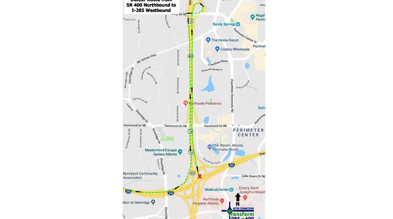 Map depicts the suggested detour when the ramp from northbound Ga. 400 to westbound I-285 is closed. GEORGIA DEPARTMENT OF TRANSPORTATION