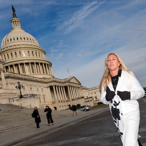 Rep. Marjorie Taylor Greene, R-Ga., arrives to a news conference on Tuesday, Nov. 18, 2025, outside the U.S. Capitol in Washington, D.C. The Rome Republican is leaving Congress in January. (Julia Demaree Nikhinson/AP)