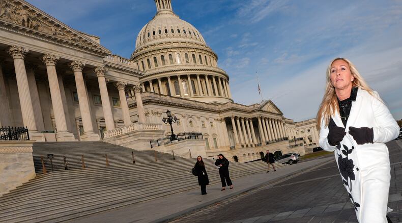 Rep. Marjorie Taylor Greene, R-Ga., arrives to a news conference on Tuesday, Nov. 18, 2025, outside the U.S. Capitol in Washington, D.C. The Rome Republican is leaving Congress in January. (Julia Demaree Nikhinson/AP)