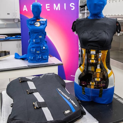 In this photo provided by NASA, Helga and Zohar, two female manikins in the Matroshka AstroRad Radiation Experiment investigation, undergo post-flight payload inspections, Jan. 17, 2023, inside the Space Station Processing Facility at Kennedy Space Center on Merritt Island, Florida. (Kim Shiflett/NASA via AP)