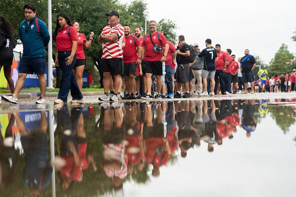 Fans wait in line to enter Houston Stadium before a FIFA World Cup between Portugal and DR Congo on Wednesday, June 17, 2026, in Houston. (Jason Fochtman/Houston Chronicle via AP)