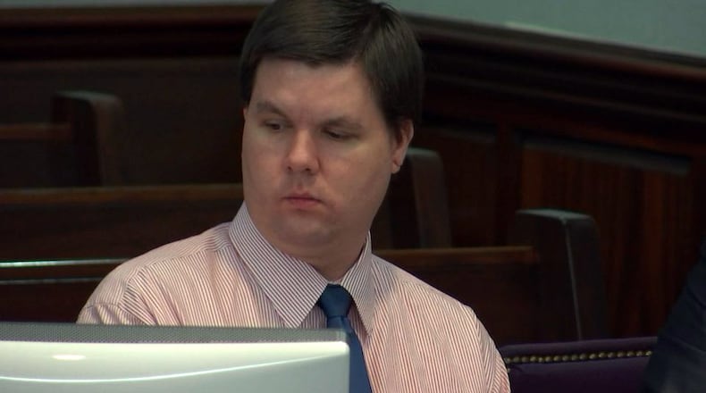 Justin Ross Harris listens to testimony during his murder trial at the Glynn County Courthouse in Brunswick, Ga., on Monday, Oct. 17, 2016. Judge Mary Staley Clark ordered a media blackout on the testimony of a minor sexting victim. (screen capture via WSB-TV)