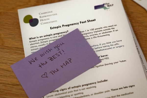 A handwritten note is included in a package sent out to the clients from the Massachusetts Medication Abortion Access Project, May 13, 2025, in Somerville, Mass. (AP Photo/Charles Krupa)
