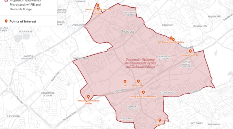 In Norcross the route hits places like the Georgia Department of Labor, the Amazon Distribution Center and a shopping plaza.