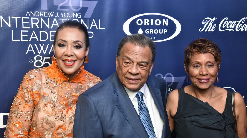 June 3, 2017 Atlanta - Ambassador Andrew Young and wife Carolyn Young (left) pose on the red carpet before 2017 Andrew J. Young International Leadership Awards Gala and 85th Birthday at Philips Arena on Saturday, June 3, 2017. Former VP Joe Biden honored at former Atlanta Mayor and UN Ambassador Andy Young's 85 birthday celebration at Philips Arena. The Andrew J. Young Foundation today announced the recipients of the 2017 Andrew J. Young International Leadership Awards, recognizing exceptional individuals whose activism, philanthropy and leadership are transforming lives throughout the global community. The awards will be presented at the Foundationâs gala event on June 3, 2017, at the Philips Arena in Atlanta as part of the 85th birthday celebration of its founder and chair, Ambassador Andrew Young. HYOSUB SHIN / HSHIN@AJC.COM