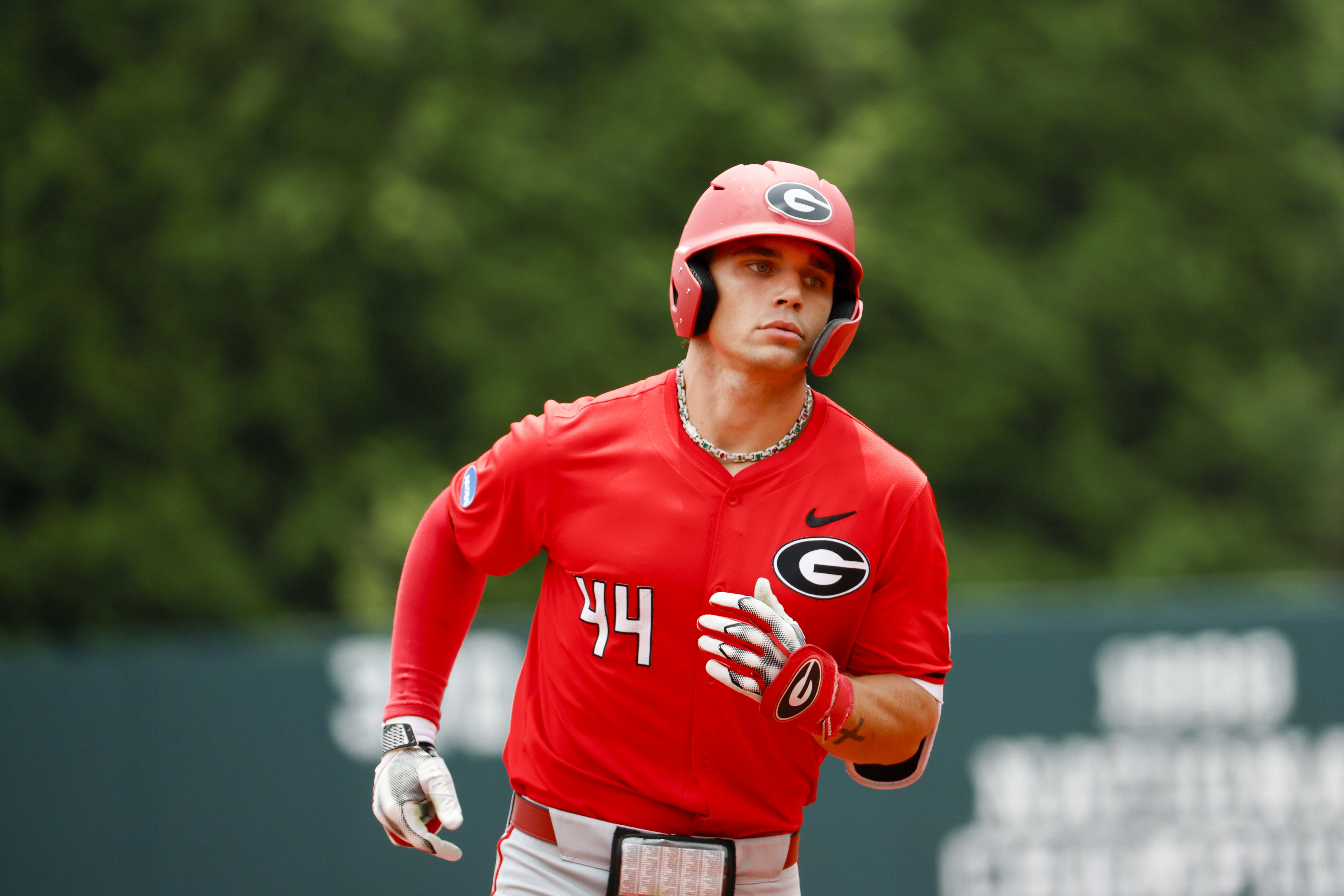 Georgia infielder Slate Alford (44) round the bases after hitting a two-run home run during the second inning against Oklahoma State in their NCAA Regional game at Foley Field,  Sunday, June 1, 2025, in Athens, Ga.
(Miguel Martinez/ AJC)