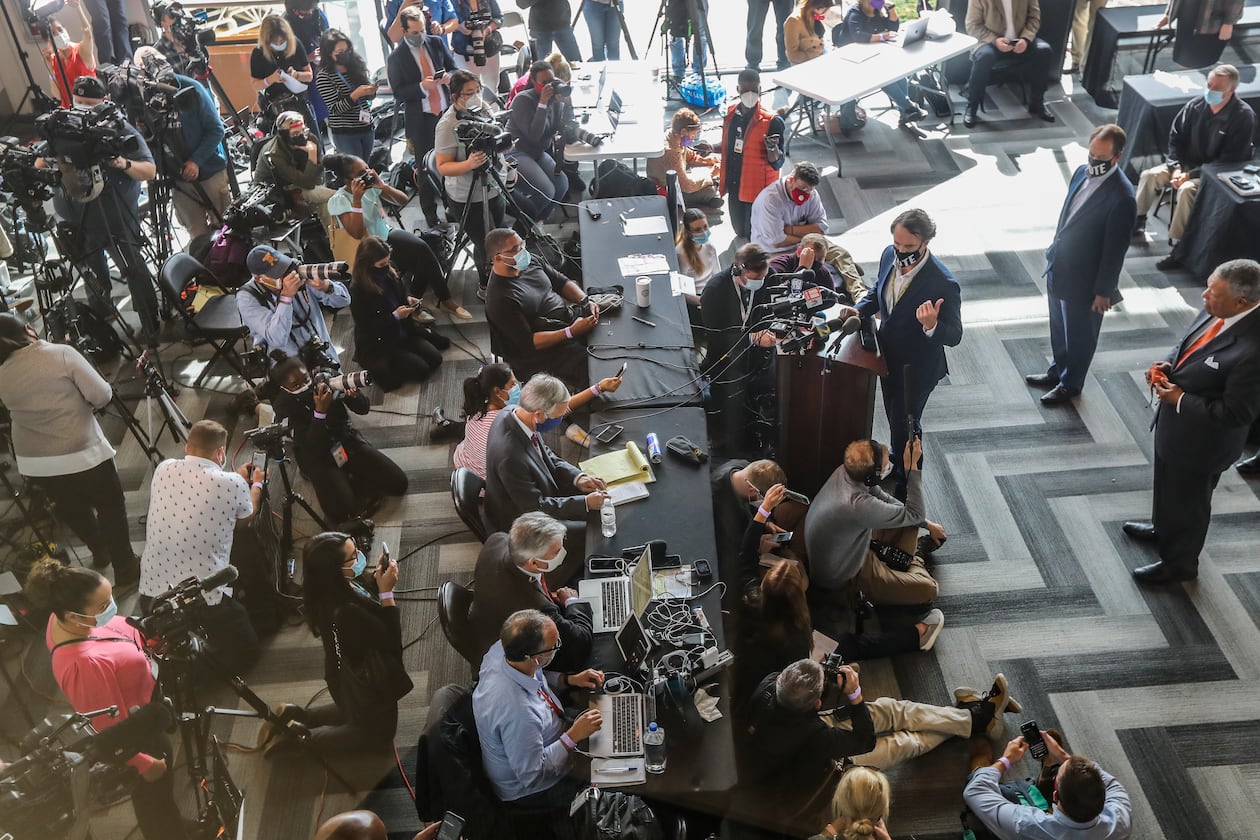Fulton County elections head Richard Barron speaks to the media days after the November presidential election. Questions about ballot scanning and audit tally sheet totals have raised the possibility of a performance review that could set in motion a move by the state to take over the county's election management. (John Spink / John.Spink@ajc.com)