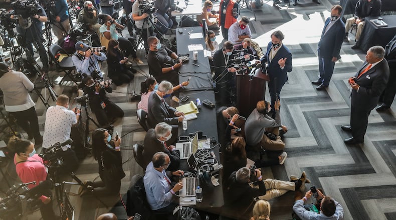 Fulton County elections head Richard Barron speaks to the media days after the November presidential election. Questions about ballot scanning and audit tally sheet totals have raised the possibility of a performance review that could set in motion a move by the state to take over the county's election management. (John Spink / John.Spink@ajc.com)