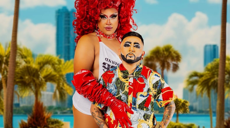 Drag artists Taylor Alxndr (left) and Elle Aye met in February 2019 at Sister Louisa’s Church bar in Athens. The couple married in September 2024. (Courtesy of Chris Bani)