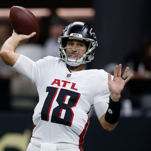 Atlanta Falcons quarterback Kirk Cousins warms up before an NFL football game against the New Orleans Saints, Sunday, Nov. 23, 2025, in New Orleans. (AP Photo/Butch Dill)