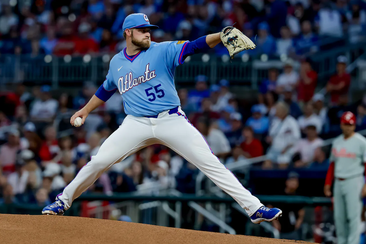 Atlanta Braves starting pitcher Bryce Elder (55) delivers to a Philadelphia Phillies batter during the first inning of a baseball game, Saturday, April 25, 2026, in Atlanta. (AP Photo/Erik S. Lesser)