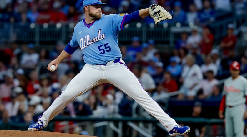 Atlanta Braves starting pitcher Bryce Elder (55) delivers to a Philadelphia Phillies batter during the first inning of a baseball game, Saturday, April 25, 2026, in Atlanta. (AP Photo/Erik S. Lesser)