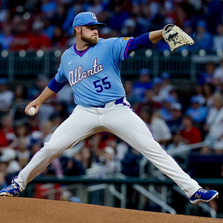 Atlanta Braves starting pitcher Bryce Elder (55) delivers to a Philadelphia Phillies batter during the first inning of a baseball game, Saturday, April 25, 2026, in Atlanta. (AP Photo/Erik S. Lesser)