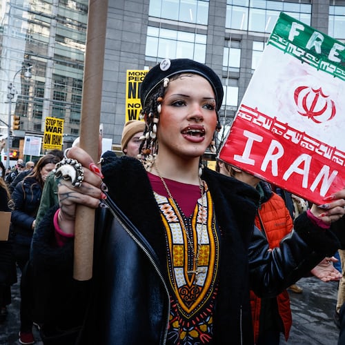 People march during a protest in New York on Saturday, Feb. 28, 2026, against U.S. and Israeli strikes on Iran. (Kena Betancur/AP)