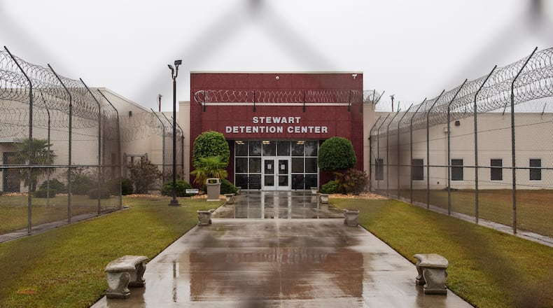 The Stewart Detention Center in Lumpkin, Ga., is seen through the front gate, on Friday, Nov. 15, 2019. Immigration and Customs Enforcement is seeking to deport an Iranian woman being held there to the Central African Republic. (David Goldman/AP 2019)