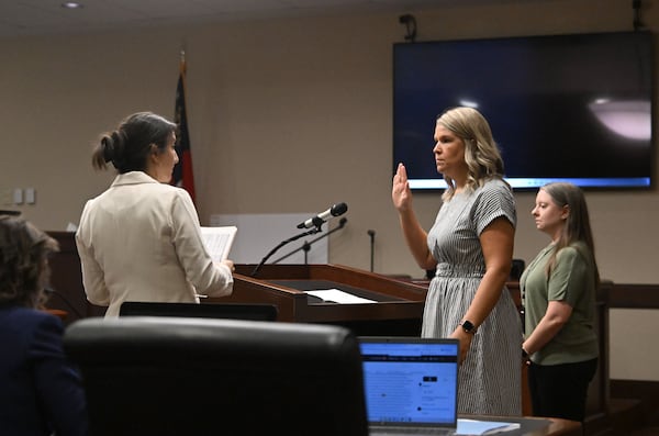 Shayna Aspinwall, wife of Ricky Aspinwall, one of the four victims killed in the Apalachee High School shooting, testifies during the sentencing hearing of Colin Gray, father of Apalachee High School shooter Colt Gray, at Barrow County Superior Court on Thursday, July 30, 2026, in Winder. (Hyosub Shin/AJC)