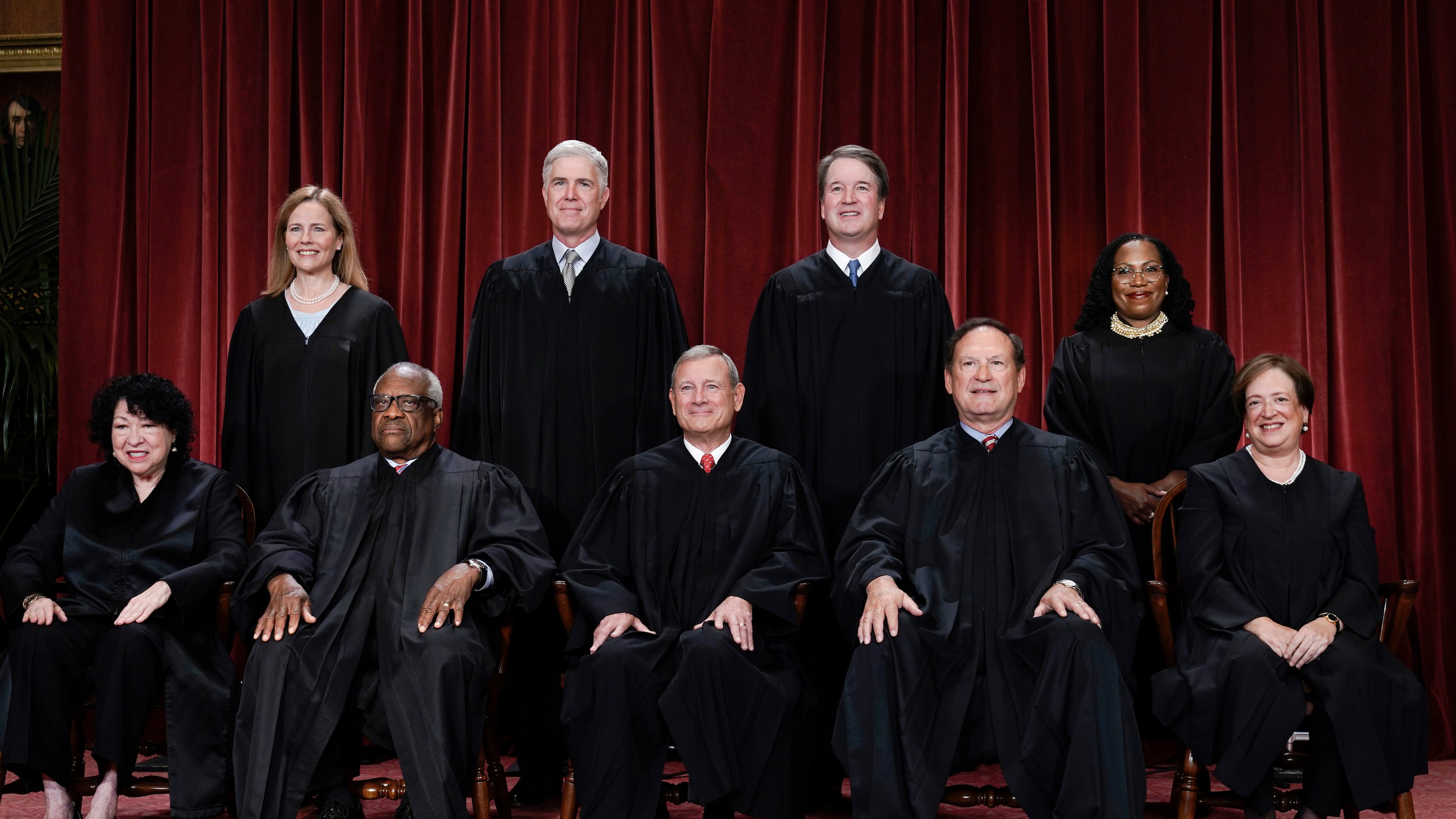 FILE - Members of the Supreme Court sit for a new group portrait at the Supreme Court building in Washington, Oct. 7, 2022. (AP Photo/J. Scott Applewhite, File)