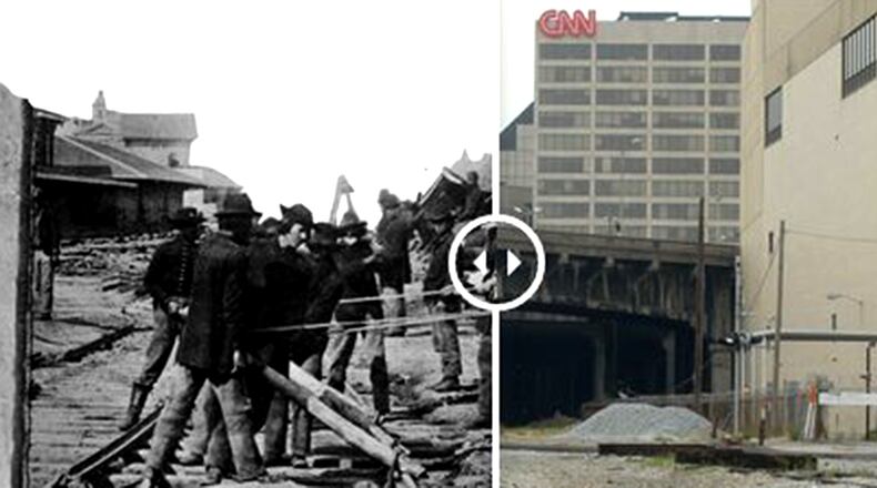 This is an image of an interactive photo that shows the destruction of Atlanta's railroads by Union soldiers in 1864 and the same location in today's Atlanta. The CNN Center can be seen in the back ground of today's picture. This interactive, which allows readers to slide back and forth between the same locations of 1864 and 2014, is part of the AJC's 'War In Our Backyards' digital project. The project launches Saturday, July 19.