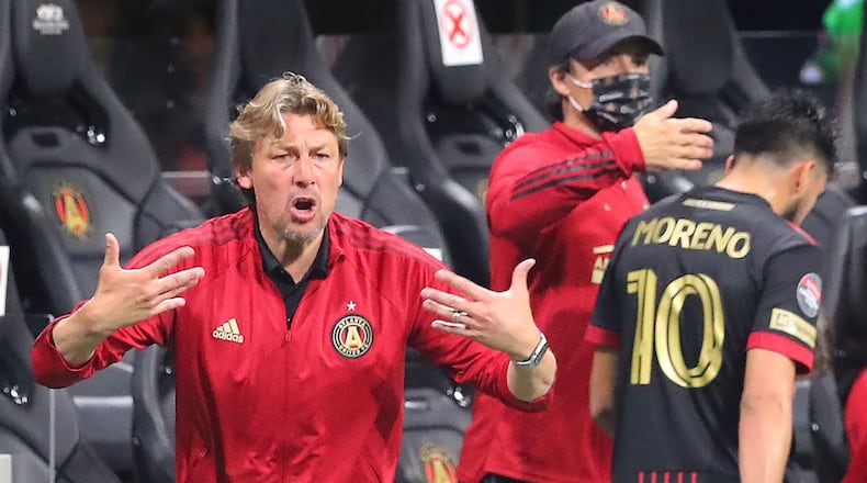 Atlanta United head coach Gabriel Heinze yells instructions during a 3-0 loss against the Philadelphia Union in a CONCACAF Champions League match on Tuesday, April 27, 2021, in Atlanta.    Curtis Compton / Curtis.Compton@ajc.com