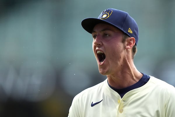 Milwaukee Brewers' Jacob Misiorowski reacts during the sixth inning of a baseball game against the Los Angeles Dodgers, Tuesday, July 8, 2025, in Milwaukee. (AP Photo/Aaron Gash)