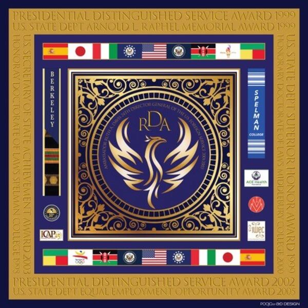 A friend designed this scarf to commemorate the career of Ruth A. Davis. It includes the flags of each country where Davis was posted during her time with the Foreign Service. Photos: Ruth A. Davis