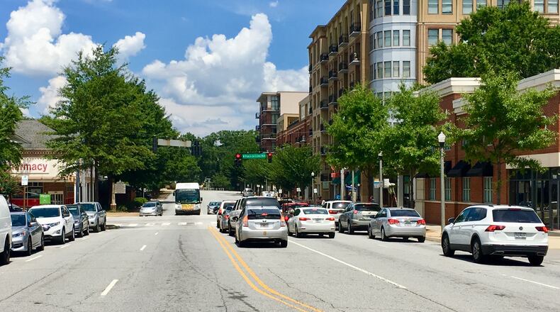 Looking north on Commerce Drive towards Ponce de Leon Avenue, a portion of phase one of the Decatur-PATH Connectivity Plan. For the most part the number of automobile lanes will remain unchanged during this phase. Bill Banks for the AJC