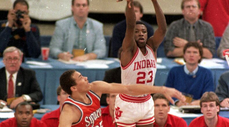 Indiana's Keith Smart (23) puts up a shot in the final seconds of the NCAA Championship game on March 30, 1987.