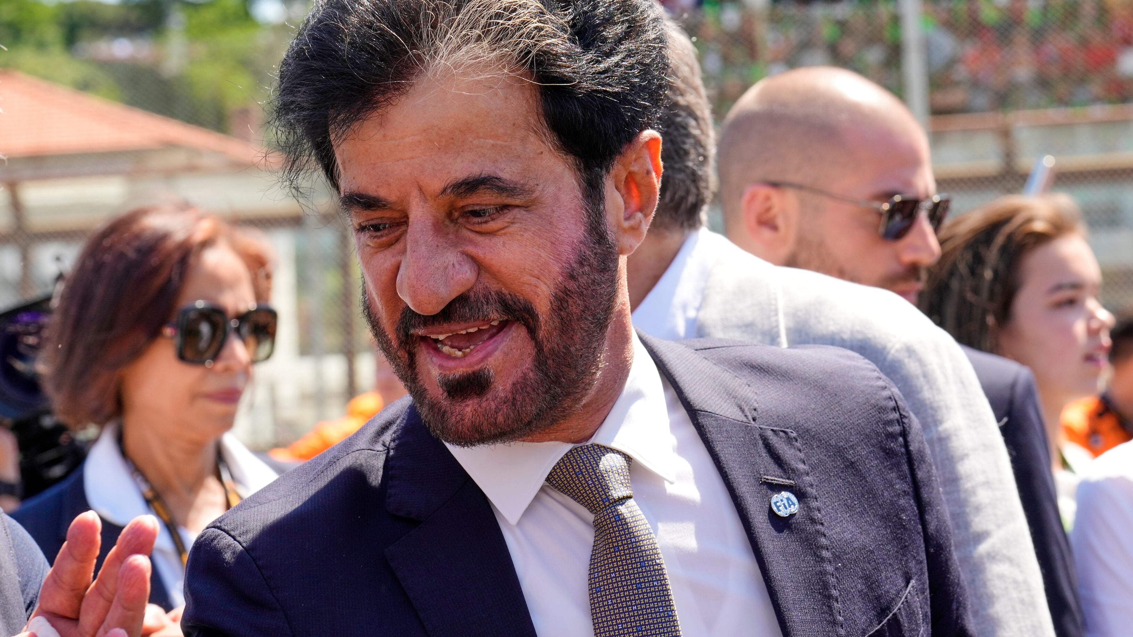 FILE - Mohammed Ben Sulayem President of the Federation Internationale de l'Automobile is on the starting grid before the Italian Emilia Romagna Formula One Grand Prix, at the Enzo and Dino Ferrari racetrack in Imola, Italy, Sunday, May 18, 2025. (AP Photo/Luca Bruno, File)