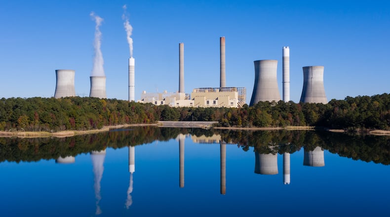 Plant Scherer, a Georgia Power plant, is seen from the air using a drone on Tuesday, Nov. 9, 2021, near Juliette. (Elijah Nouvelage for the AJC)