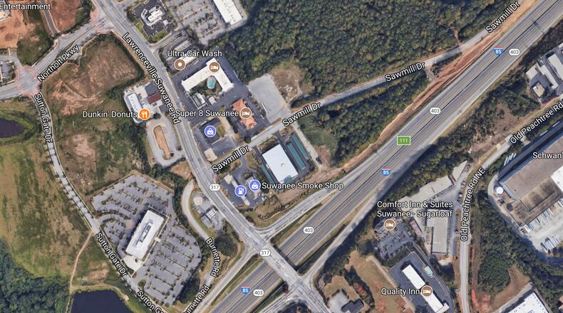 Suwanee considering removal of traffic signal at Sawmill Drive at Lawrenceville-Suwanee Road. Google Maps